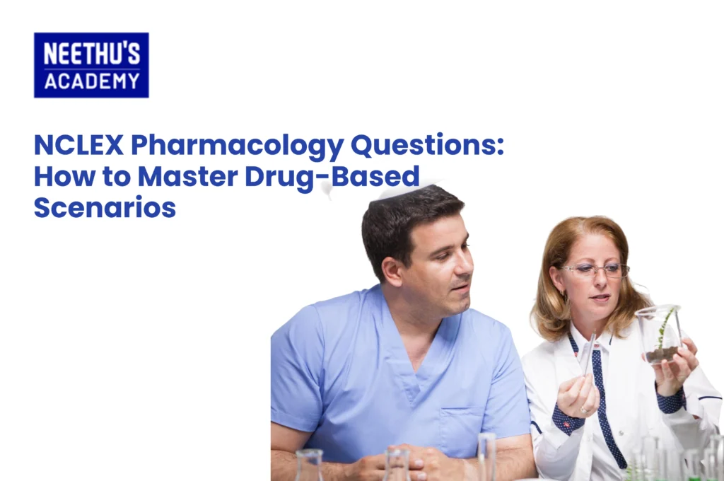 NCLEX Pharmacology Study Guide – Nurse studying key drug categories and NCLEX pharmacology questions for exam preparation.