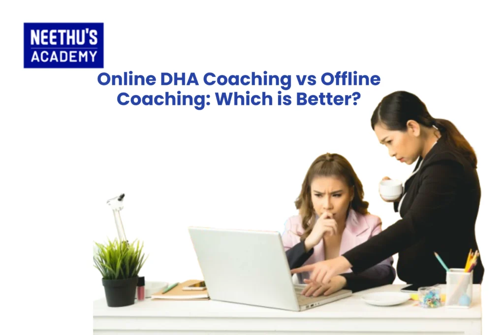 Nurse comparing online vs offline DHA coaching options on a laptop and notebook while preparing for Dubai nursing exam.