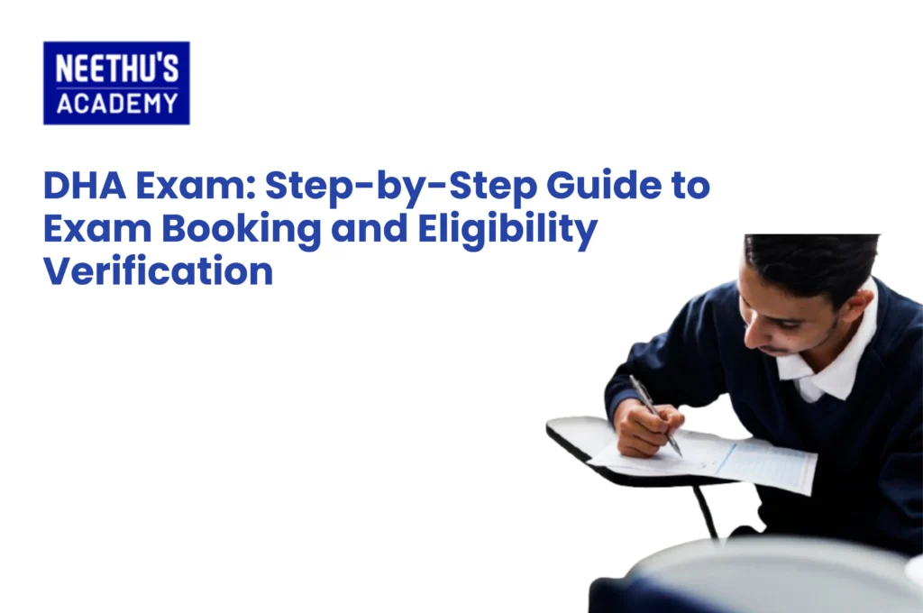 Healthcare professional completing the DHA exam booking process online through the DHA Sheryan portal and Prometric system.