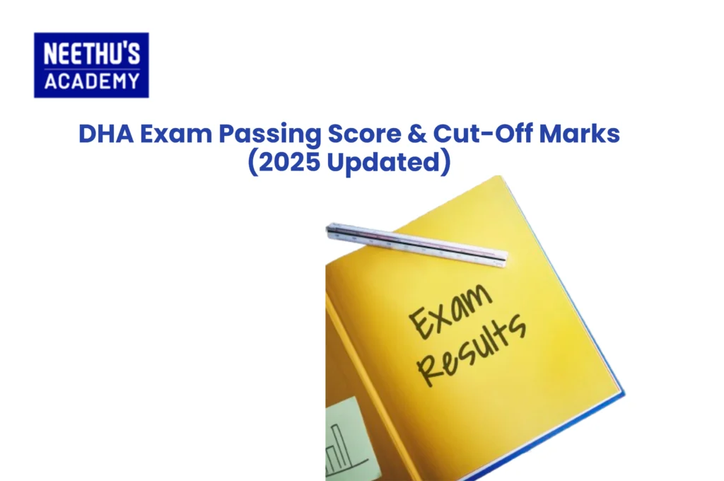 Healthcare professional reviewing the DHA exam passing score and cut-off marks for 2025 on a laptop with medical documents.