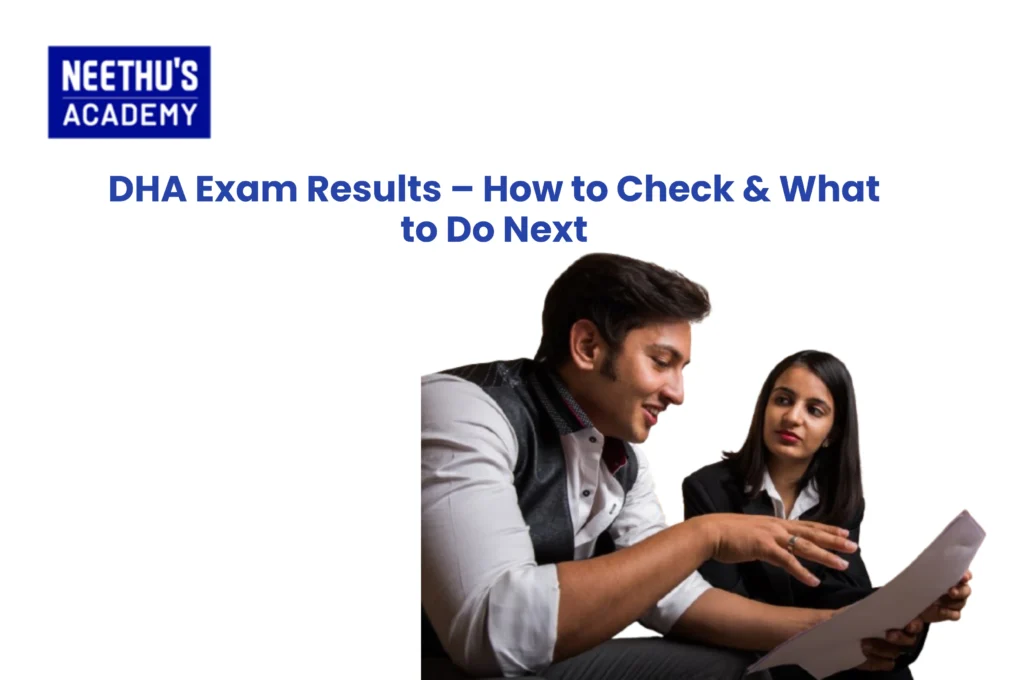 Healthcare professional checking DHA exam results and score report on the Sheryan portal using a laptop.