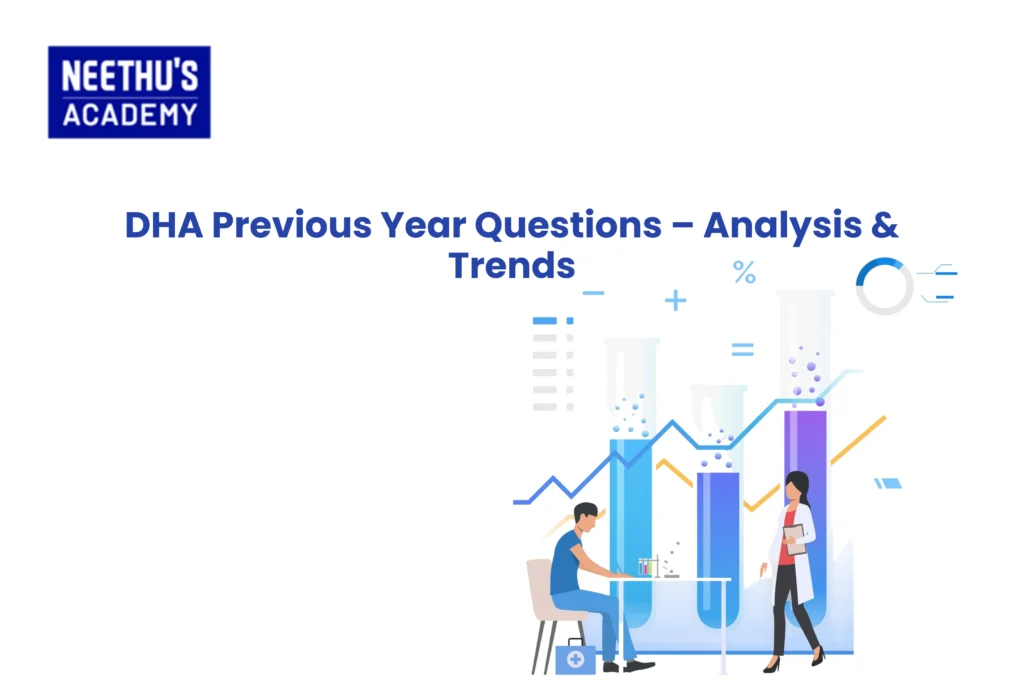 Healthcare professional analysing DHA previous year questions and exam trends on a laptop with medical study materials.