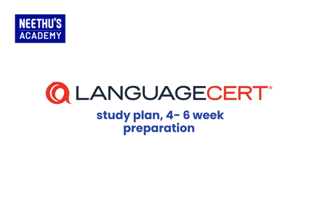 Student following a LANGUAGECERT preparation plan with weekly study schedule, laptop practice tests, and exam preparation notes.
