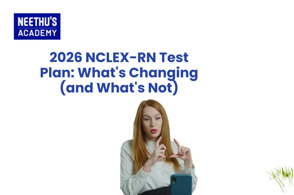 Nursing student preparing for 2026 NCLEX-RN changes using updated test plan, laptop, and study materials