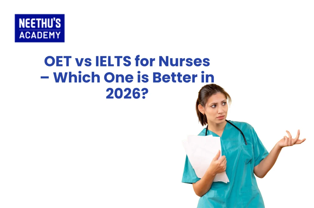 Nurse comparing OET vs IELTS for nurses exam options with study materials and preparation notes.