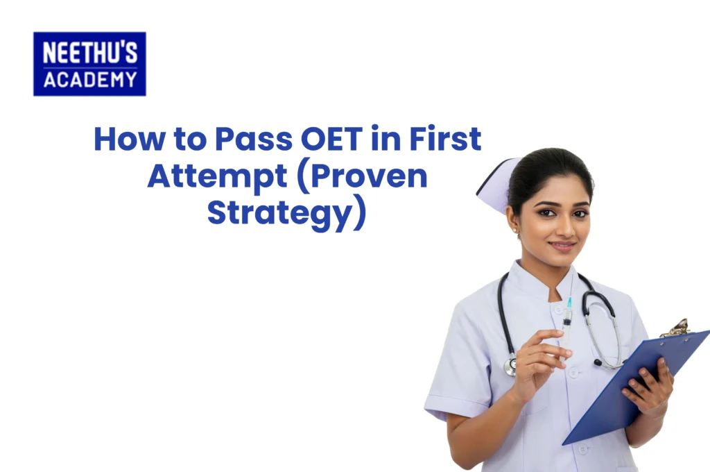 Nurse studying how to pass OET exam using notes, laptop, and practice materials for writing and speaking preparation.