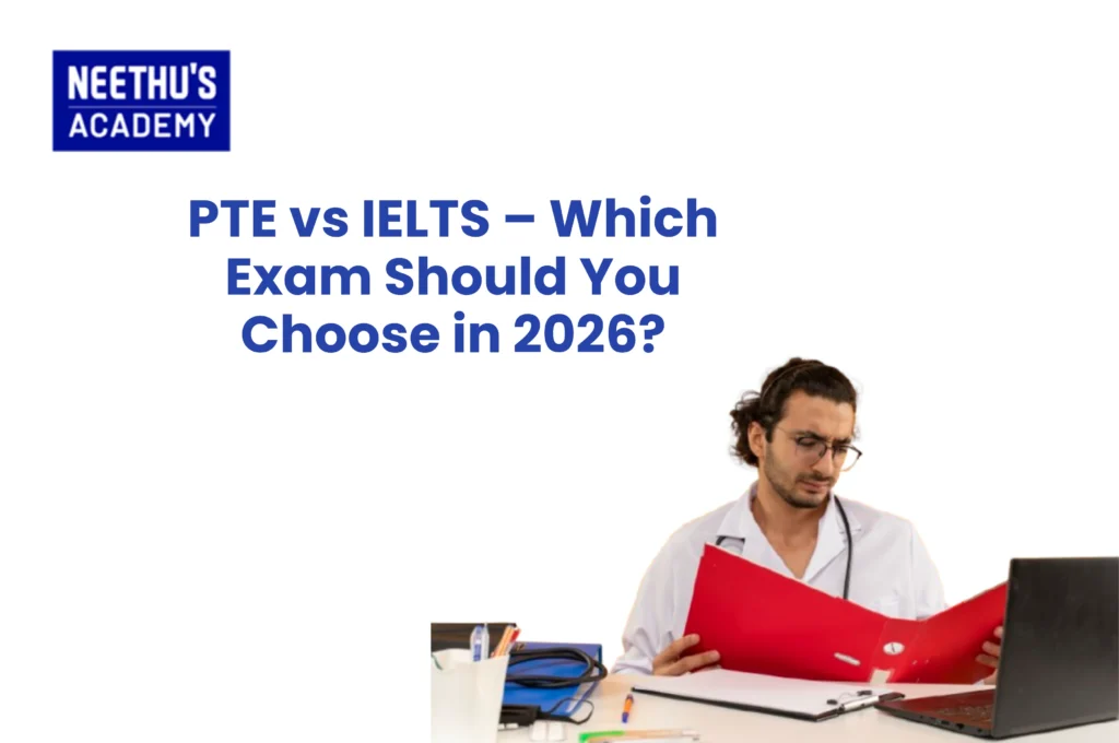 Comparison between PTE vs IELTS showing exam format, scoring system, and key differences for students planning to study abroad.