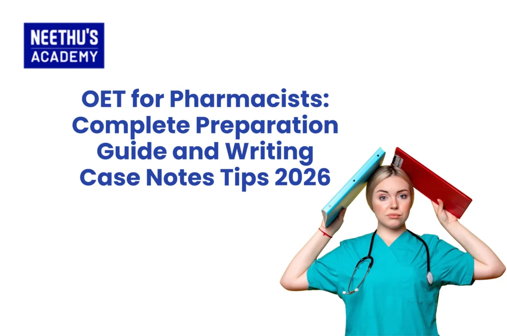 Pharmacist preparing for OET exam with study materials, writing case notes, and professional coaching support.