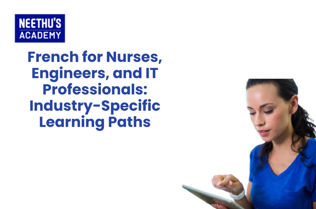 a woman in a blue shirtNurses, engineers, and IT professionals learning professional French language skills for international career opportunities