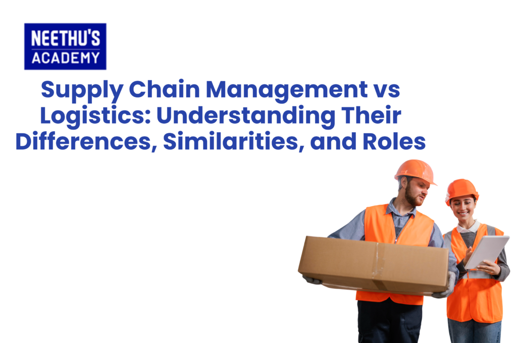 Illustration comparing supply chain management and logistics, showing sourcing, manufacturing, warehousing, transportation, distribution, and customer delivery connected through an integrated supply chain network.