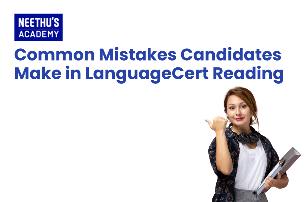 LanguageCert Reading preparation guide showing common reading mistakes, question strategies, and time management tips.