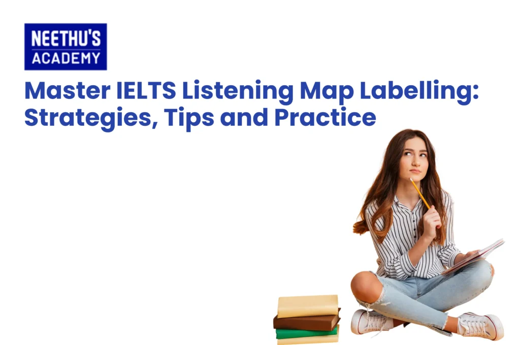 IELTS Listening map labelling practice showing a map with directions, landmarks, and labelled locations