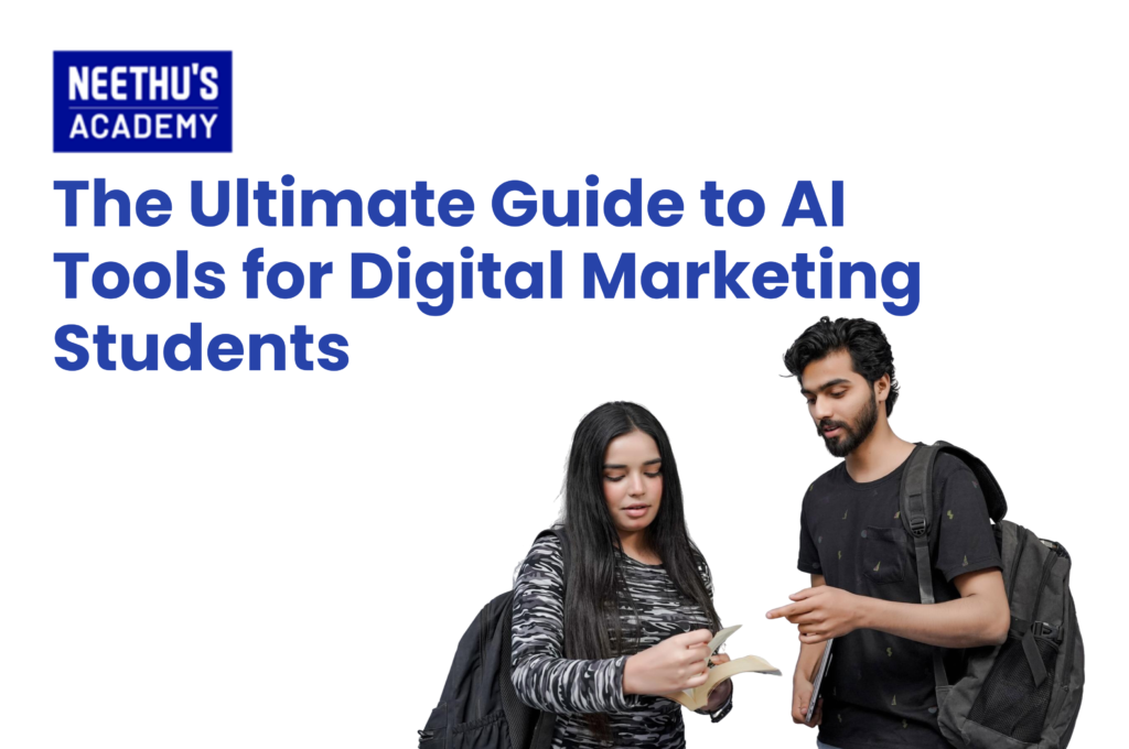Student using AI tools for digital marketing, including ChatGPT, Canva AI, Google Gemini, and SEO software for content creation and marketing analytics.