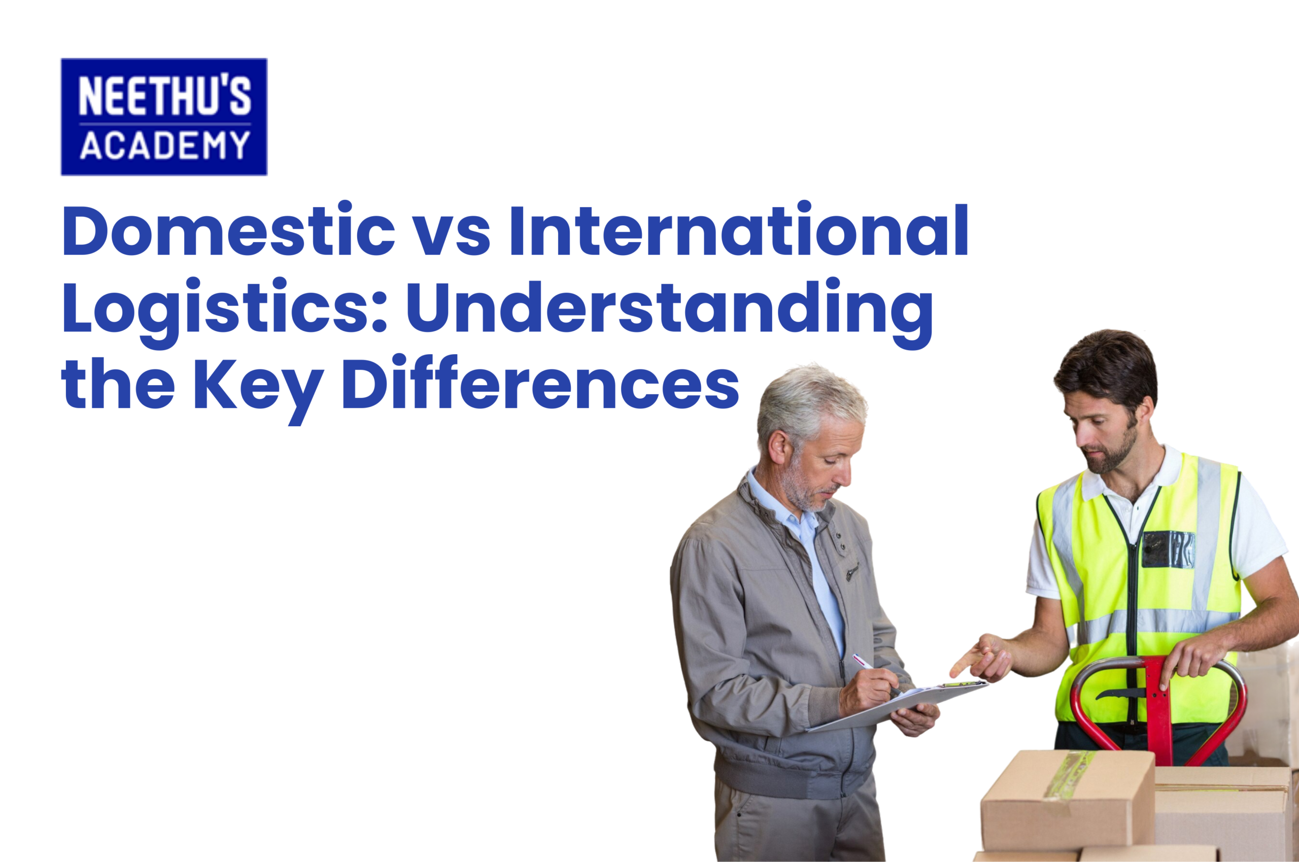 Illustration comparing domestic vs international logistics with trucks, ships, airplanes, customs checkpoints, and global supply chain routes.