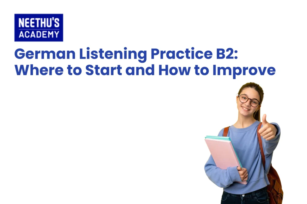 German B2 listening practice with headphones and study materials