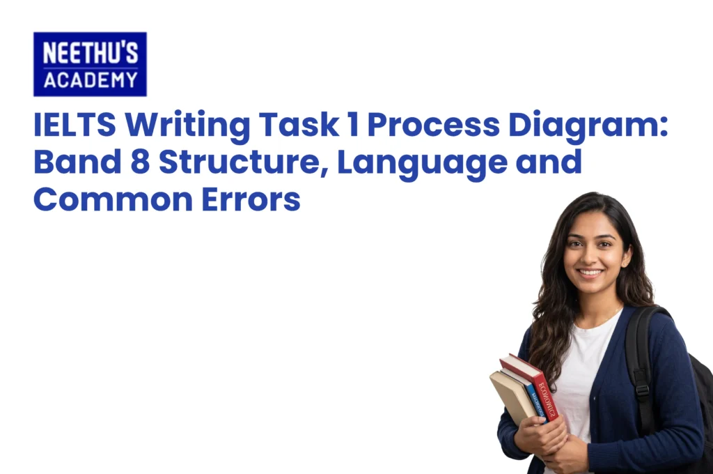 IELTS Writing Task 1 process diagram guide with Band 8 writing structure, vocabulary, and grammar tips.