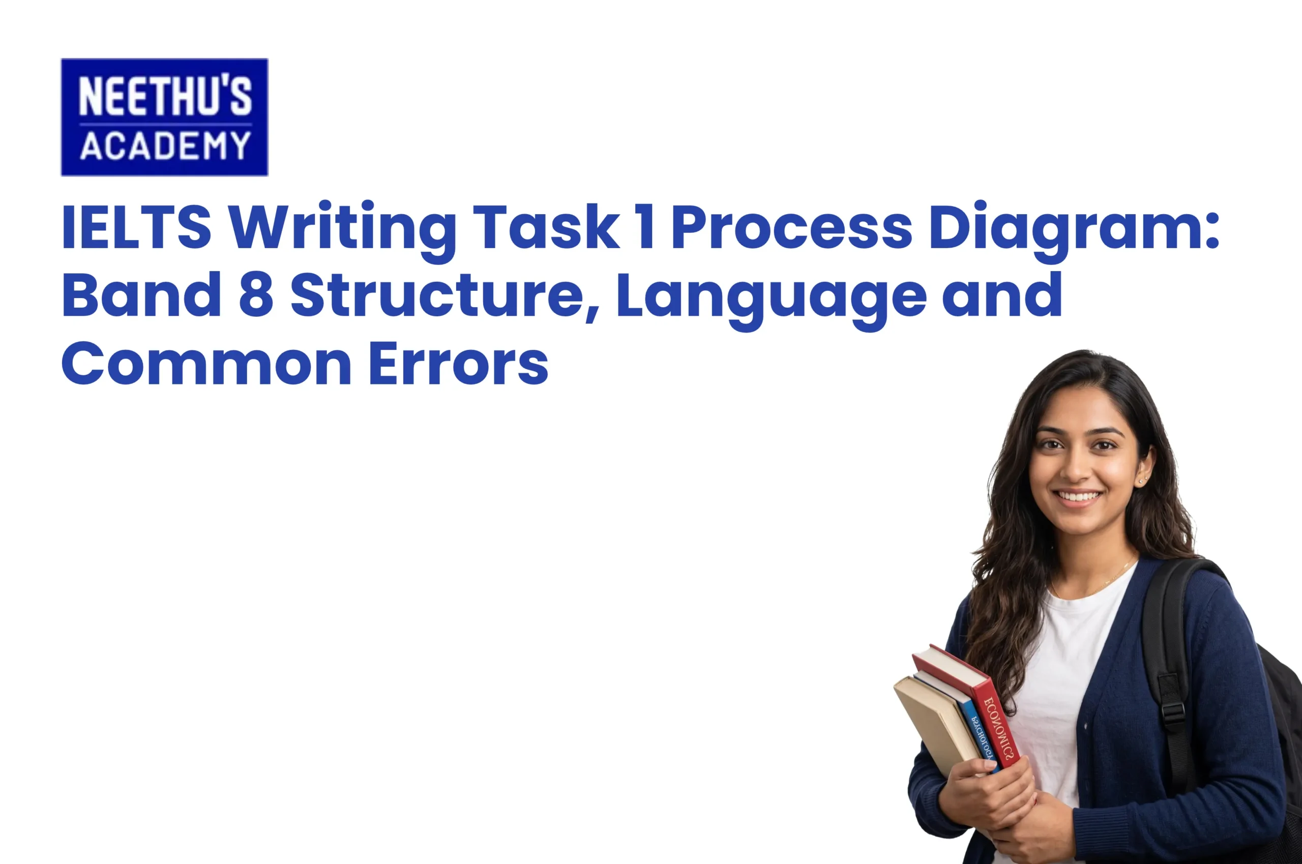 IELTS Writing Task 1 process diagram guide with Band 8 writing structure, vocabulary, and grammar tips.